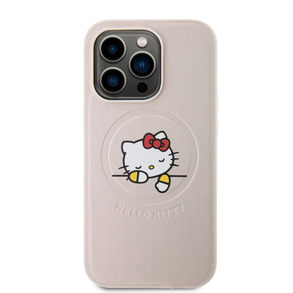 Apple iPhone 15 Pro Kılıf Hello Kitty Orjinal Lisanslı M-safe Şarj Özellikli Baskı Logolu Uyuyan Kitty Deri Kapak Pembe