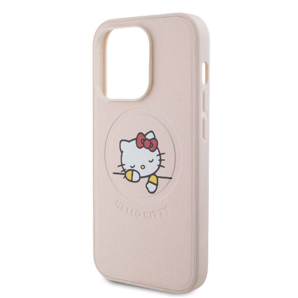 Apple iPhone 15 Pro Kılıf Hello Kitty Orjinal Lisanslı M-safe Şarj Özellikli Baskı Logolu Uyuyan Kitty Deri Kapak Gümüş