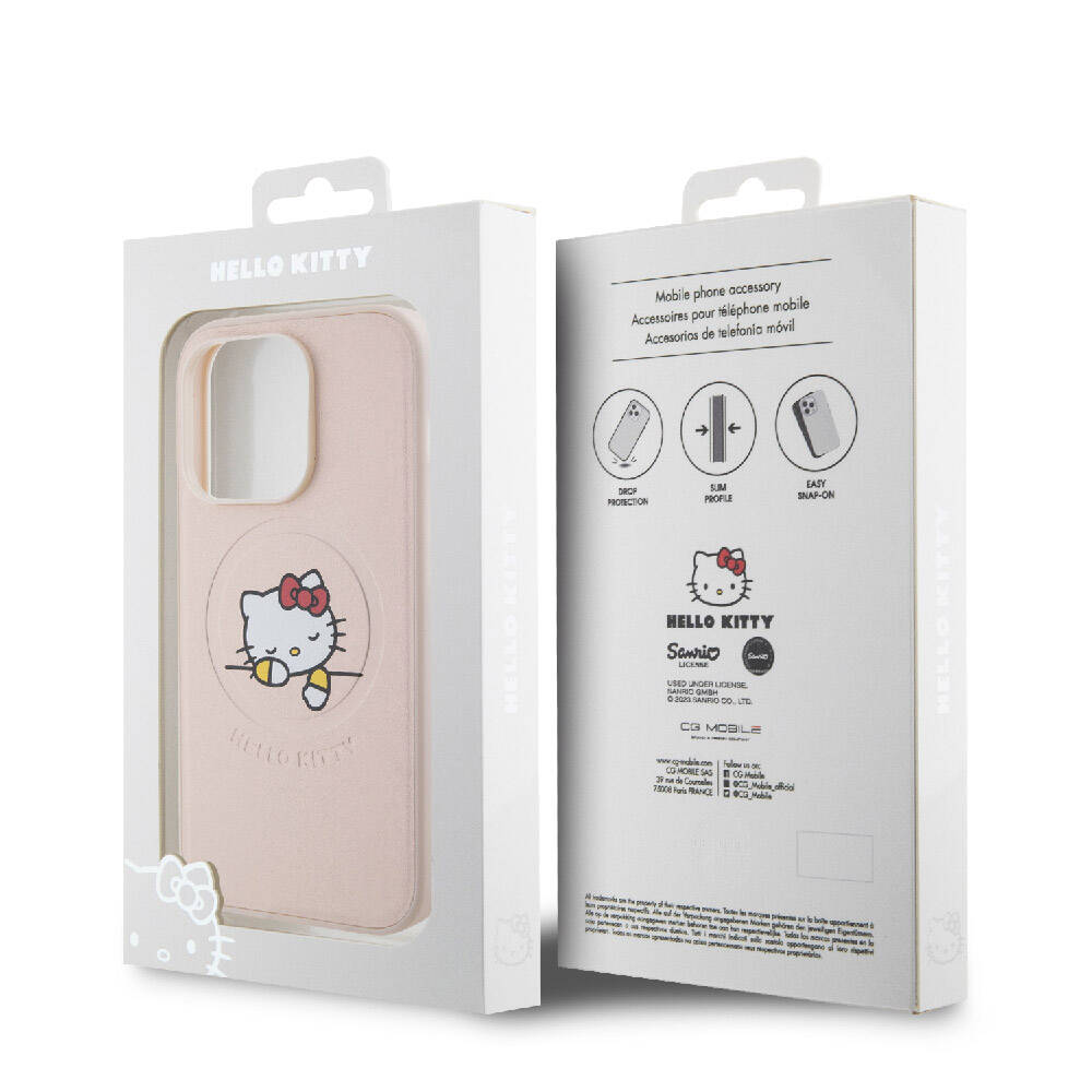 Apple iPhone 15 Pro Kılıf Hello Kitty Orjinal Lisanslı M-safe Şarj Özellikli Baskı Logolu Uyuyan Kitty Deri Kapak Gümüş