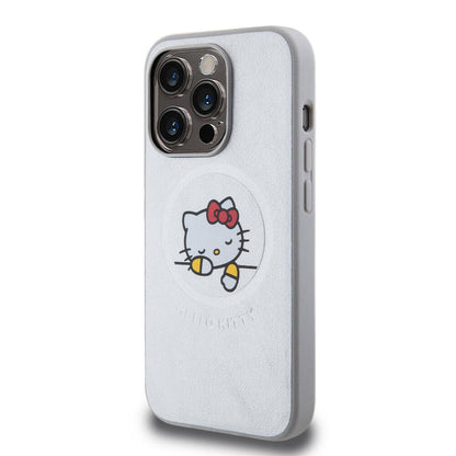 Apple iPhone 15 Pro Kılıf Hello Kitty Orjinal Lisanslı M-safe Şarj Özellikli Baskı Logolu Uyuyan Kitty Deri Kapak Gümüş