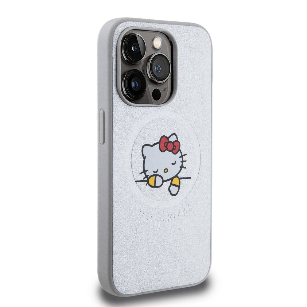 Apple iPhone 15 Pro Kılıf Hello Kitty Orjinal Lisanslı M-safe Şarj Özellikli Baskı Logolu Uyuyan Kitty Deri Kapak Gümüş
