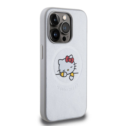 Apple iPhone 15 Pro Kılıf Hello Kitty Orjinal Lisanslı M-safe Şarj Özellikli Baskı Logolu Uyuyan Kitty Deri Kapak Pembe