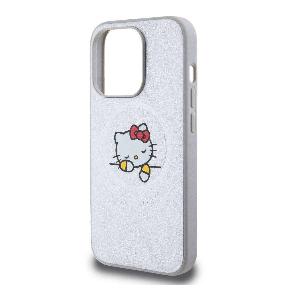 Apple iPhone 15 Pro Kılıf Hello Kitty Orjinal Lisanslı M-safe Şarj Özellikli Baskı Logolu Uyuyan Kitty Deri Kapak Pembe