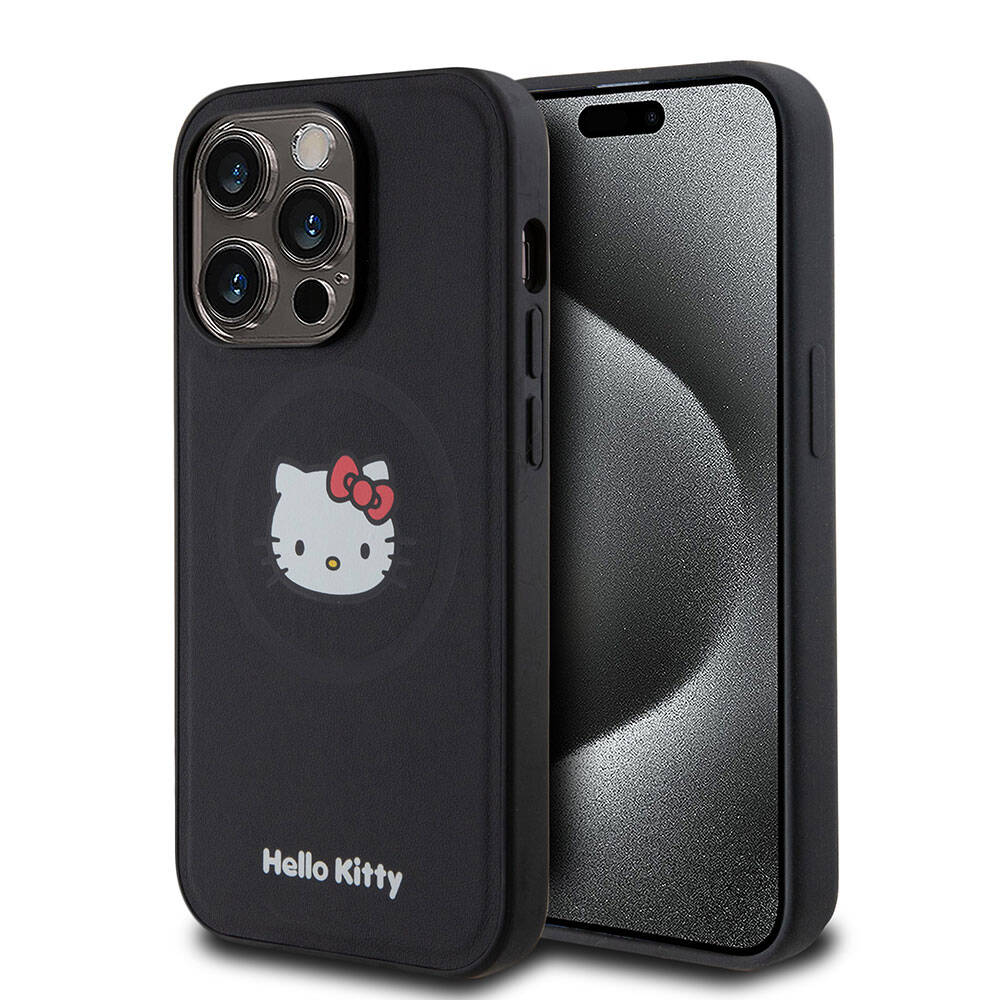 Apple iPhone 15 Pro Kılıf Hello Kitty Orjinal Lisanslı M-safe Şarj Özellikli Kitty Head Deri Kapak Gold