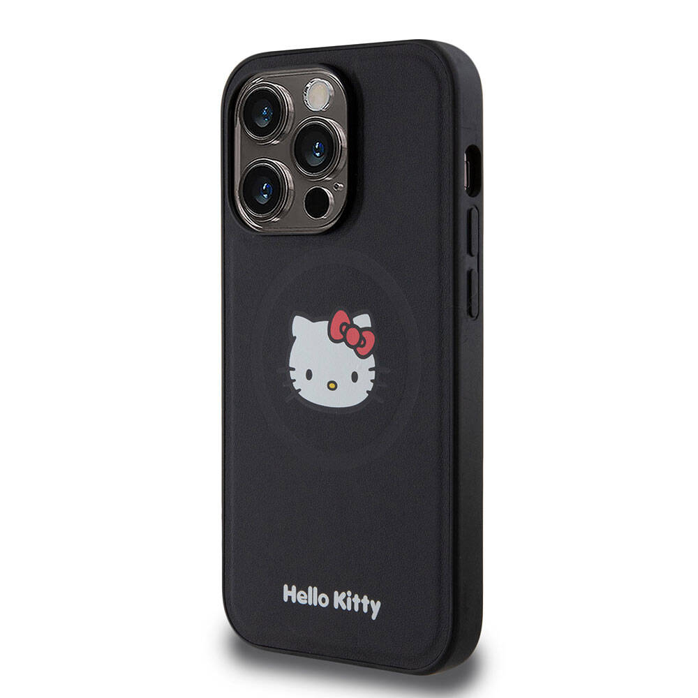 Apple iPhone 15 Pro Kılıf Hello Kitty Orjinal Lisanslı M-safe Şarj Özellikli Kitty Head Deri Kapak Siyah