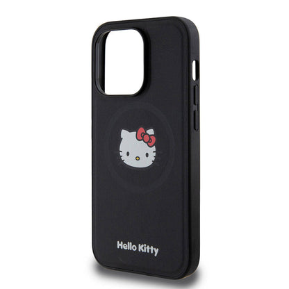Apple iPhone 15 Pro Kılıf Hello Kitty Orjinal Lisanslı M-safe Şarj Özellikli Kitty Head Deri Kapak Gold