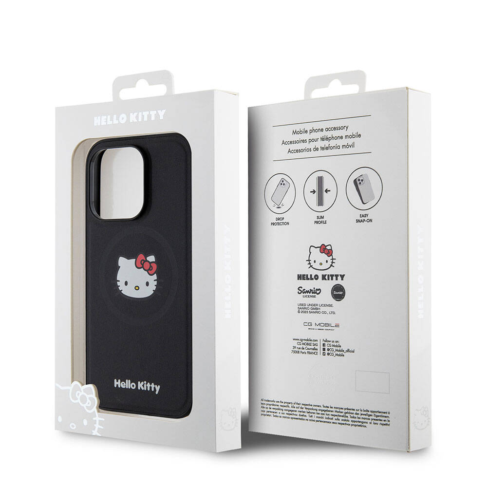 Apple iPhone 15 Pro Kılıf Hello Kitty Orjinal Lisanslı M-safe Şarj Özellikli Kitty Head Deri Kapak Gold