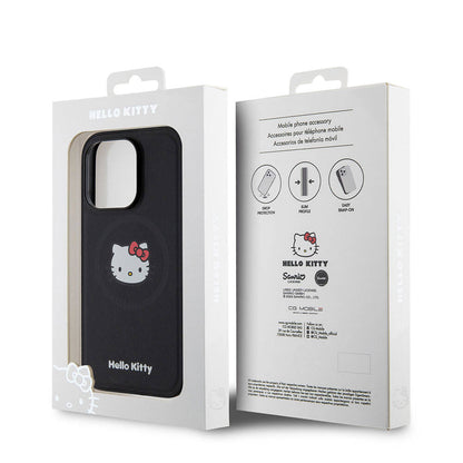 Apple iPhone 15 Pro Kılıf Hello Kitty Orjinal Lisanslı M-safe Şarj Özellikli Kitty Head Deri Kapak Gold