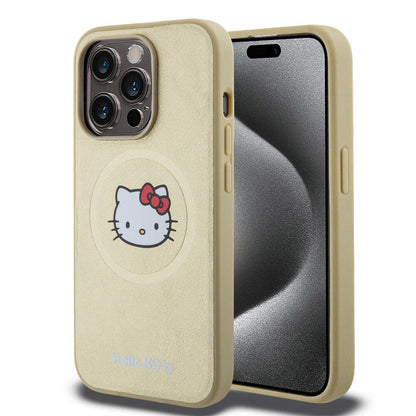 Apple iPhone 15 Pro Kılıf Hello Kitty Orjinal Lisanslı M-safe Şarj Özellikli Kitty Head Deri Kapak Gold