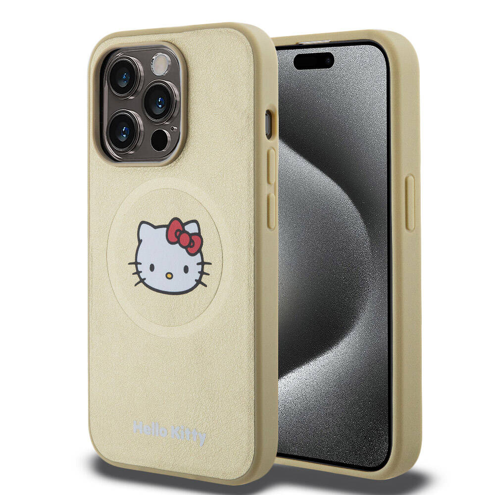 Apple iPhone 15 Pro Kılıf Hello Kitty Orjinal Lisanslı M-safe Şarj Özellikli Kitty Head Deri Kapak Siyah