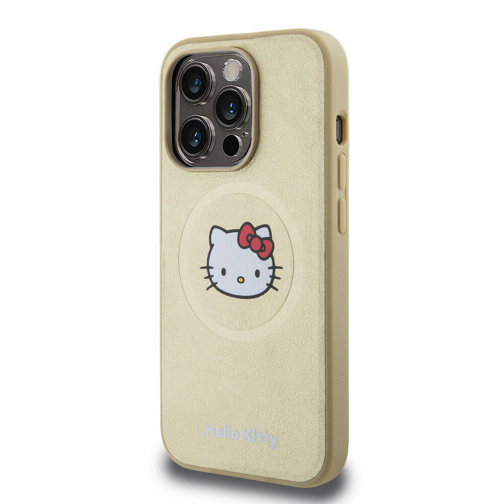 Apple iPhone 15 Pro Kılıf Hello Kitty Orjinal Lisanslı M-safe Şarj Özellikli Kitty Head Deri Kapak Gold