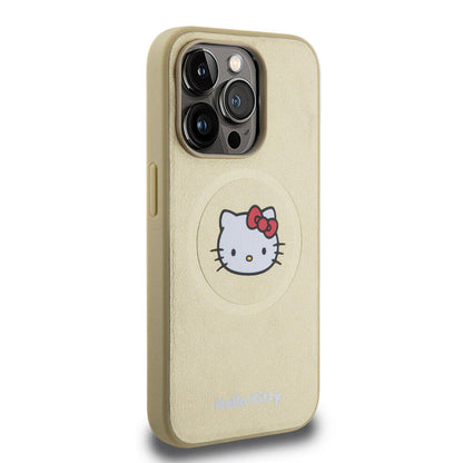 Apple iPhone 15 Pro Kılıf Hello Kitty Orjinal Lisanslı M-safe Şarj Özellikli Kitty Head Deri Kapak Gold