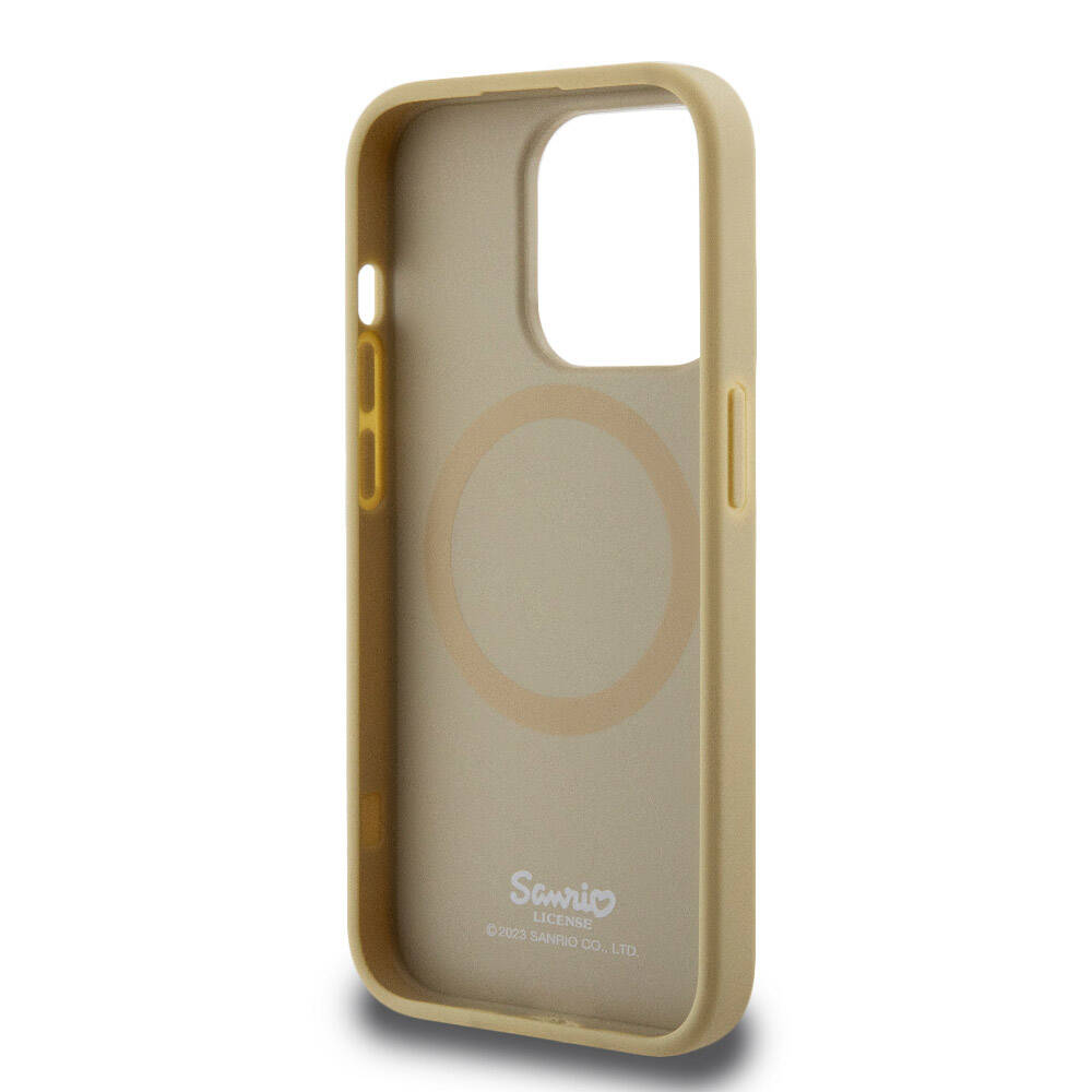 Apple iPhone 15 Pro Kılıf Hello Kitty Orjinal Lisanslı M-safe Şarj Özellikli Kitty Head Deri Kapak Gold