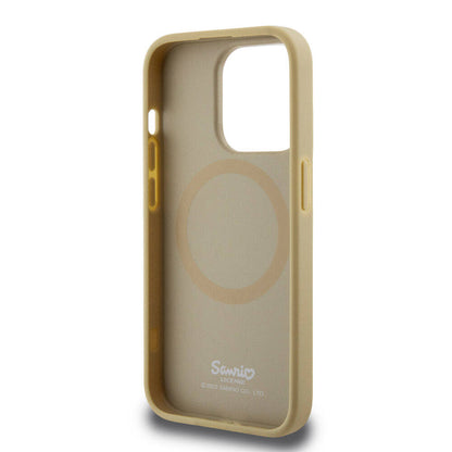 Apple iPhone 15 Pro Kılıf Hello Kitty Orjinal Lisanslı M-safe Şarj Özellikli Kitty Head Deri Kapak Gold