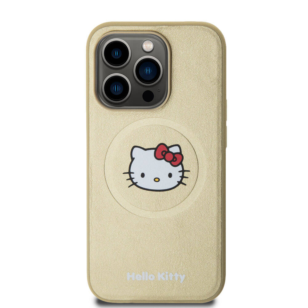 Apple iPhone 15 Pro Kılıf Hello Kitty Orjinal Lisanslı M-safe Şarj Özellikli Kitty Head Deri Kapak Gold