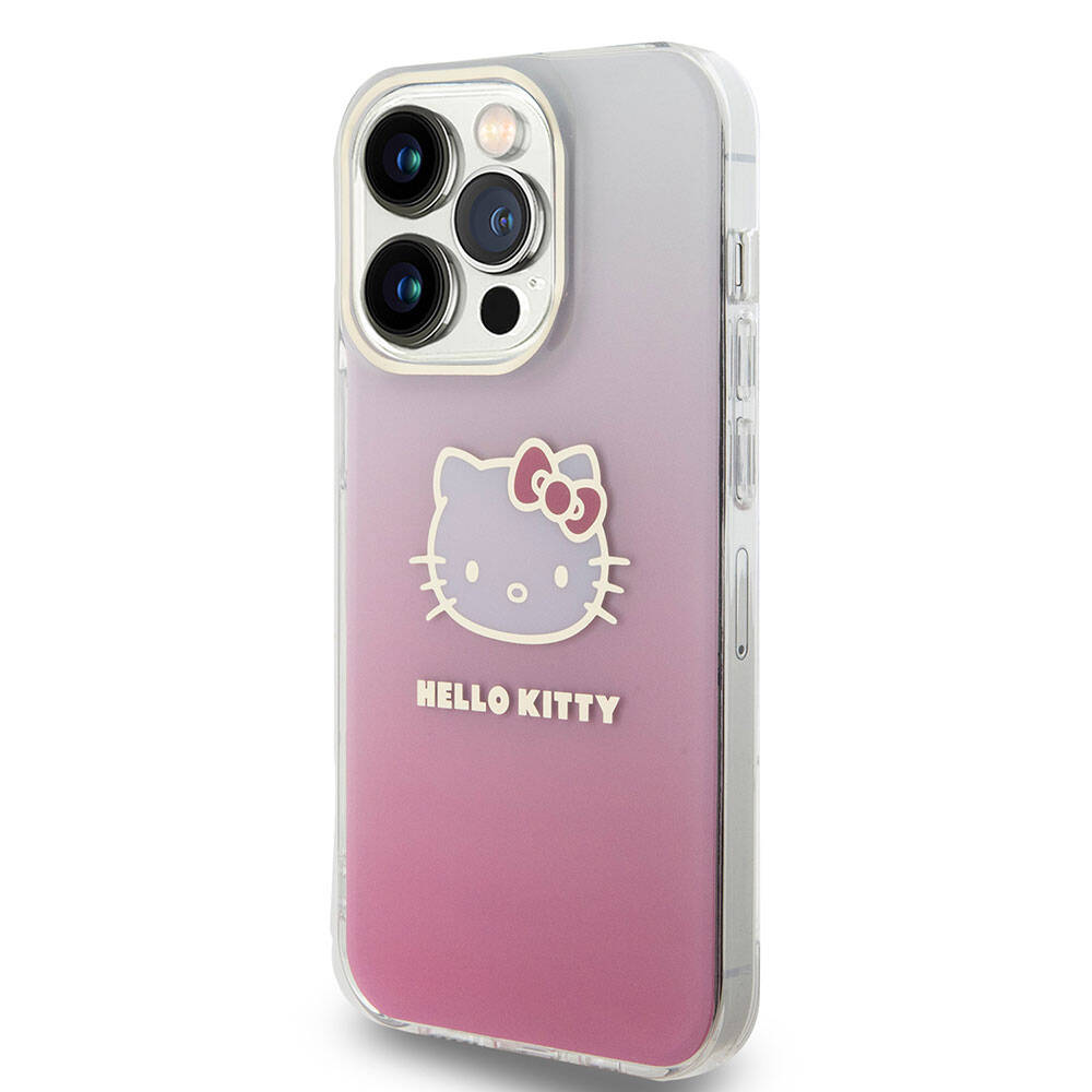 Apple iPhone 15 Pro Kılıf Hello Kitty Orjinal Lisanslı Yazı ve İkonik Logolu Elektroplating Kaplama Gradyan Kapak Pembe