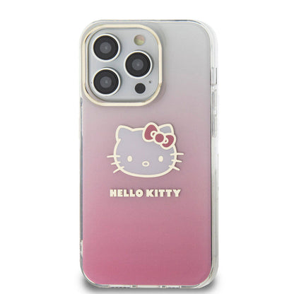 Apple iPhone 15 Pro Kılıf Hello Kitty Orjinal Lisanslı Yazı ve İkonik Logolu Elektroplating Kaplama Gradyan Kapak Pembe