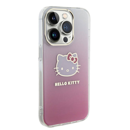 Apple iPhone 15 Pro Kılıf Hello Kitty Orjinal Lisanslı Yazı ve İkonik Logolu Elektroplating Kaplama Gradyan Kapak Pembe