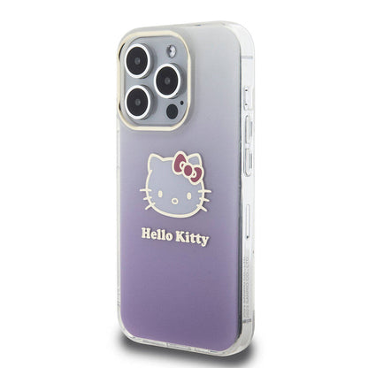 Apple iPhone 15 Pro Kılıf Hello Kitty Orjinal Lisanslı Yazı ve İkonik Logolu Elektroplating Kaplama Gradyan Kapak Pembe