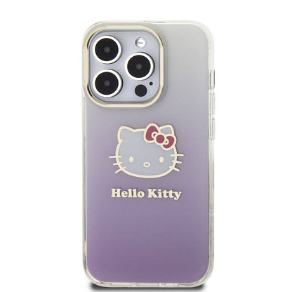 Apple iPhone 15 Pro Kılıf Hello Kitty Orjinal Lisanslı Yazı ve İkonik Logolu Elektroplating Kaplama Gradyan Kapak Pembe