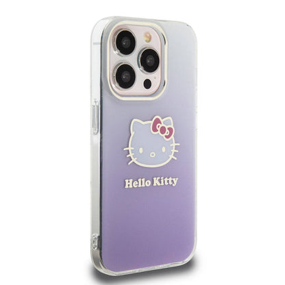 Apple iPhone 15 Pro Kılıf Hello Kitty Orjinal Lisanslı Yazı ve İkonik Logolu Elektroplating Kaplama Gradyan Kapak Pembe