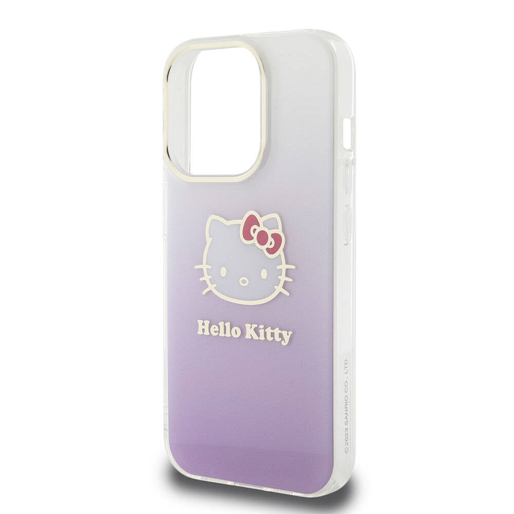 Apple iPhone 15 Pro Kılıf Hello Kitty Orjinal Lisanslı Yazı ve İkonik Logolu Elektroplating Kaplama Gradyan Kapak Mor