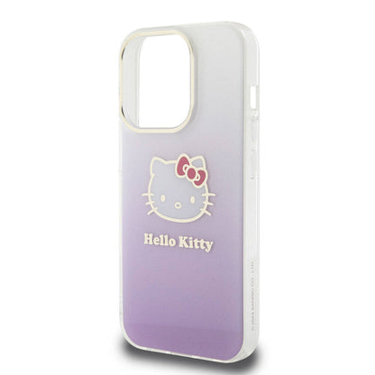 Apple iPhone 15 Pro Kılıf Hello Kitty Orjinal Lisanslı Yazı ve İkonik Logolu Elektroplating Kaplama Gradyan Kapak Mor
