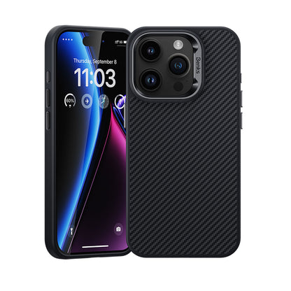 Apple iPhone 15 Pro Kılıf Karbon Fiber M-safe Şarj Özellikli Benks Hybrid ArmorPro 600D Kevlar Kapak Siyah