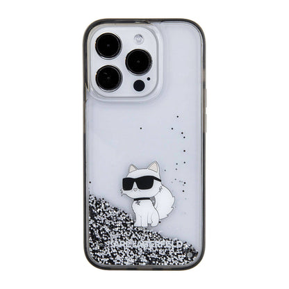 Apple iPhone 15 Pro Kılıf Karl Lagerfeld Choupette Sıvılı Glitter Orjinal Lisanslı Kapak Renksiz