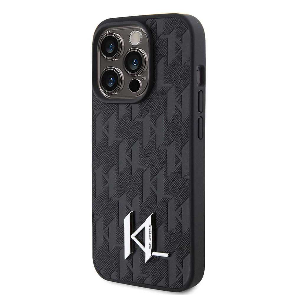 Apple iPhone 15 Pro Kılıf Karl Lagerfeld Hot Stamp K&L Metal Logo Orjinal Lisanslı Kapak Siyah