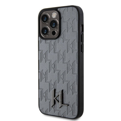 Apple iPhone 15 Pro Kılıf Karl Lagerfeld Hot Stamp K&L Metal Logo Orjinal Lisanslı Kapak Gri