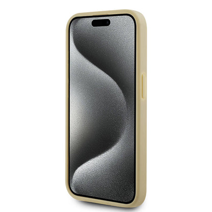 Apple iPhone 15 Pro Kılıf Karl Lagerfeld Orjinal Lisanslı 3D KL Yazılı Tüylü Arka Yüzey Saffiano Rhinestones Kapak Gold