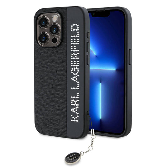 Apple iPhone 15 Pro Kılıf Karl Lagerfeld Orjinal Lisanslı Anahtarlıklı Taşlı KL Yazılı Saffiano Rhinestones Kapak Pembe