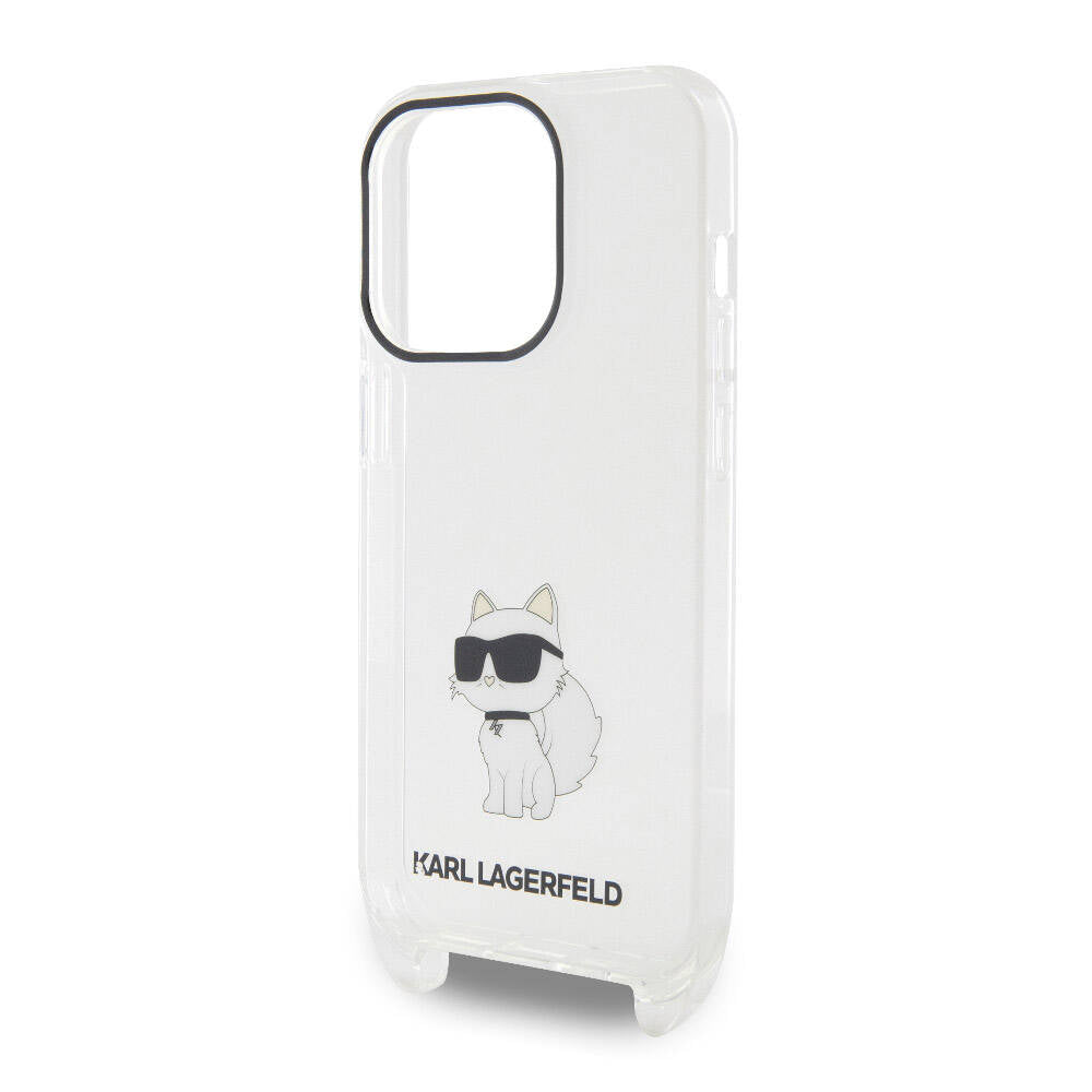Apple iPhone 15 Pro Kılıf Karl Lagerfeld Orjinal Lisanslı Boyun Askılı Choupette İkonik Crossbody Kapak Renksiz