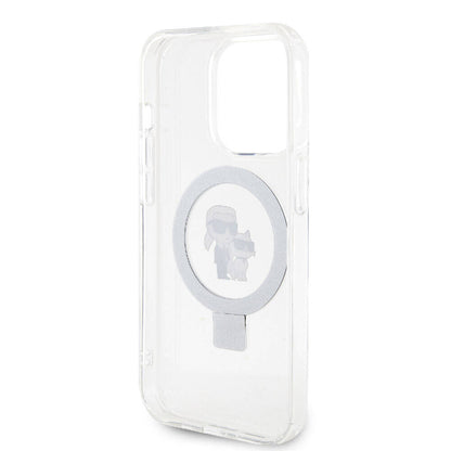 Apple iPhone 15 Pro Kılıf Karl Lagerfeld Orjinal Lisanslı M-safe Şarj Özellikli K&C İkonik Baskılı Ring Standlı Kapak Beyaz