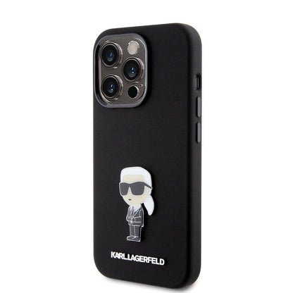 Apple iPhone 15 Pro Kılıf Karl Lagerfeld Silikon İkonik Metal Logo Orjinal Lisanslı Kapak Siyah