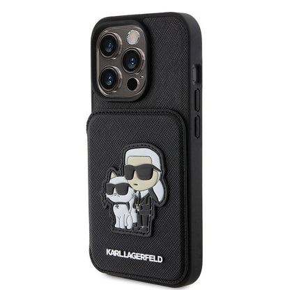 Apple iPhone 15 Pro Kılıf Karl Lagerfeld Standlı Kartlıklı Saffiano K&C Metal Logo Orjinal Lisanslı Kapak Siyah