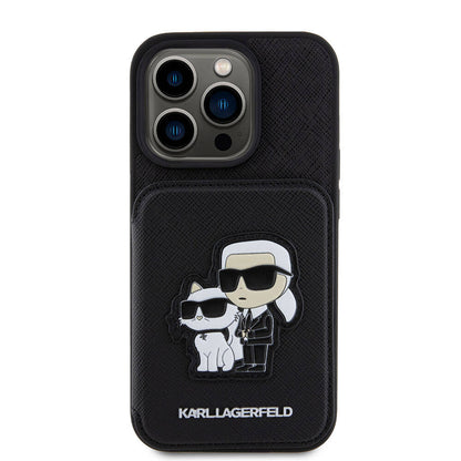 Apple iPhone 15 Pro Kılıf Karl Lagerfeld Standlı Kartlıklı Saffiano K&C Metal Logo Orjinal Lisanslı Kapak Siyah