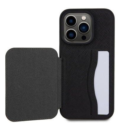 Apple iPhone 15 Pro Kılıf Karl Lagerfeld Standlı Kartlıklı Saffiano K&C Metal Logo Orjinal Lisanslı Kapak Siyah