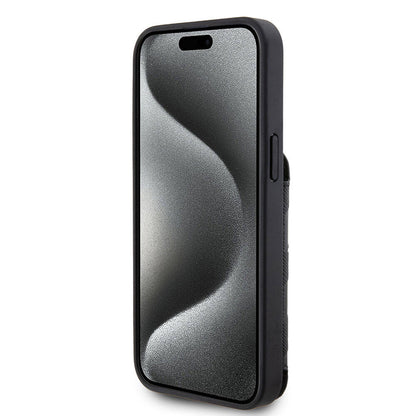 Apple iPhone 15 Pro Kılıf Karl Lagerfeld Standlı Kartlıklı Saffiano Monogram İkonik Metal Logo Orjinal Lisanslı Kapak Siyah
