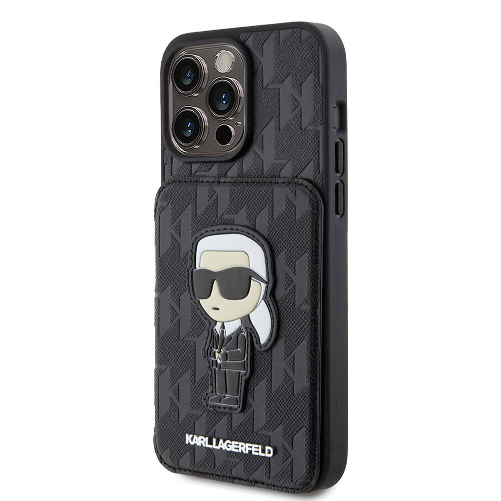 Apple iPhone 15 Pro Kılıf Karl Lagerfeld Standlı Kartlıklı Saffiano Monogram İkonik Metal Logo Orjinal Lisanslı Kapak Siyah