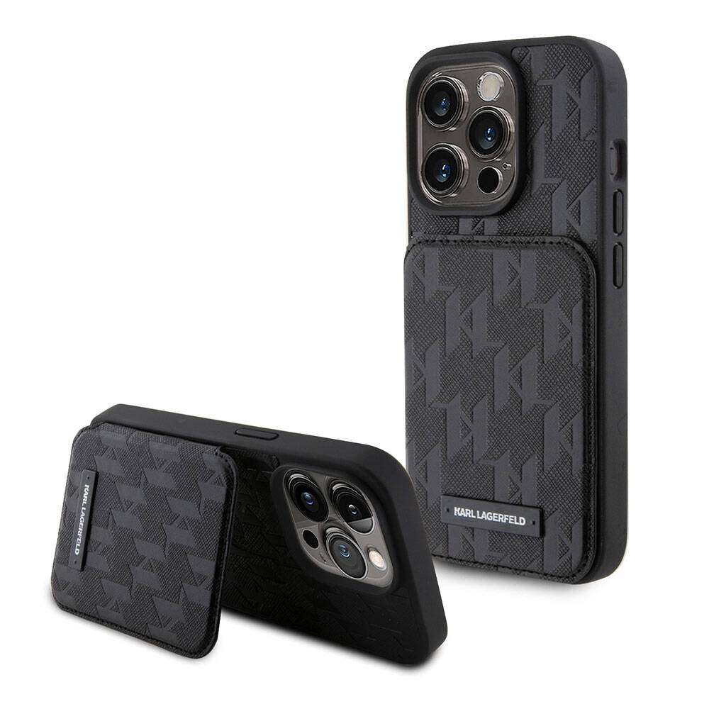 Apple iPhone 15 Pro Kılıf Karl Lagerfeld Standlı Kartlıklı Saffiano Monogram Metal Logo Orjinal Lisanslı Kapak Siyah