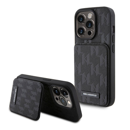 Apple iPhone 15 Pro Kılıf Karl Lagerfeld Standlı Kartlıklı Saffiano Monogram Metal Logo Orjinal Lisanslı Kapak Siyah