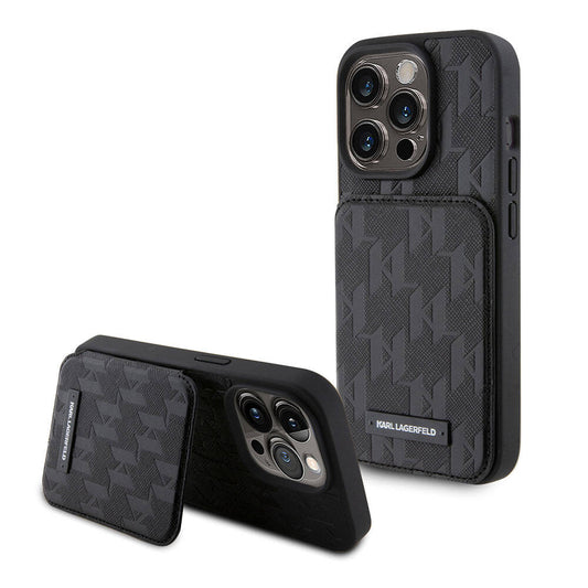 Apple iPhone 15 Pro Kılıf Karl Lagerfeld Standlı Kartlıklı Saffiano Monogram Metal Logo Orjinal Lisanslı Kapak Siyah