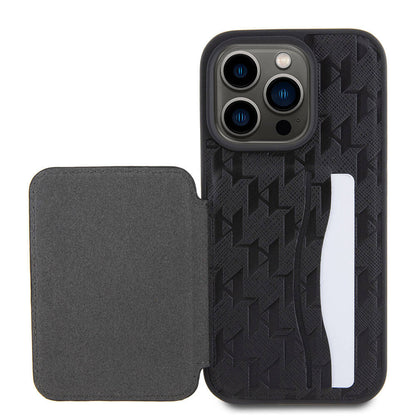 Apple iPhone 15 Pro Kılıf Karl Lagerfeld Standlı Kartlıklı Saffiano Monogram Metal Logo Orjinal Lisanslı Kapak Siyah