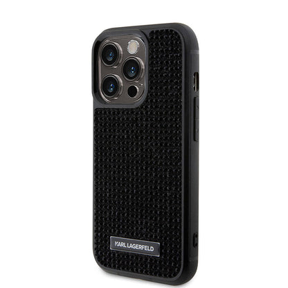 Apple iPhone 15 Pro Kılıf Karl Lagerfeld Taşlı Metal Logo Orjinal Lisanslı Kapak Siyah