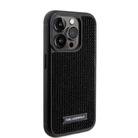 Apple iPhone 15 Pro Kılıf Karl Lagerfeld Taşlı Metal Logo Orjinal Lisanslı Kapak Siyah