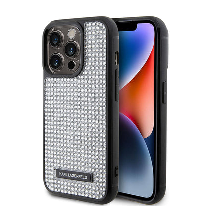 Apple iPhone 15 Pro Kılıf Karl Lagerfeld Taşlı Metal Logo Orjinal Lisanslı Kapak Gümüş