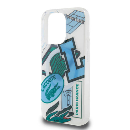 Apple iPhone 15 Pro Kılıf Lacoste Orjinal Lisanslı M-safe Şarj Özellikli Çift Katmanlı Yamalar Desenli Kapak Mavi