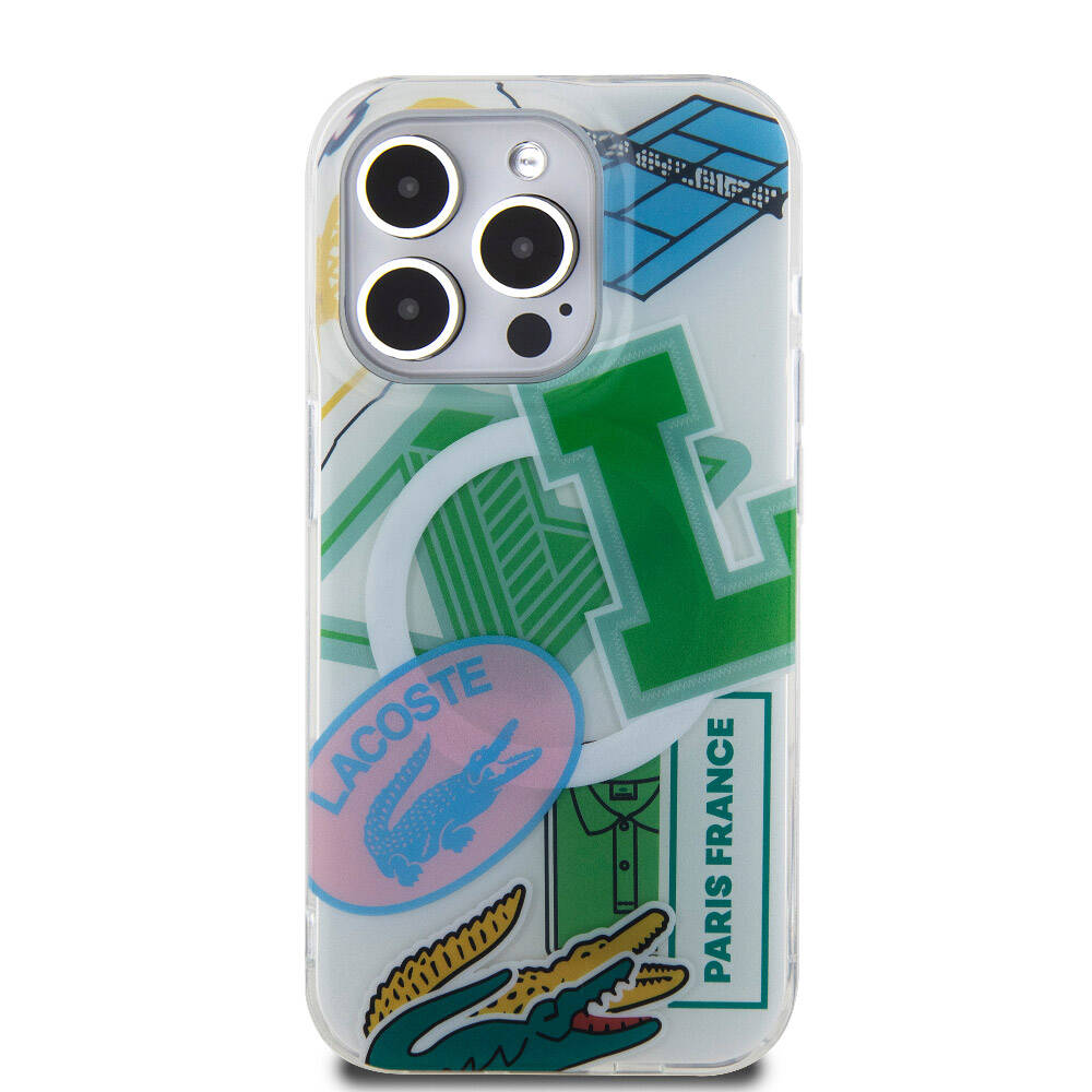 Apple iPhone 15 Pro Kılıf Lacoste Orjinal Lisanslı M-safe Şarj Özellikli Çift Katmanlı Yamalar Desenli Kapak Mavi